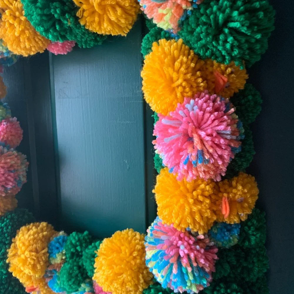 Pom Pom Yarn Easter Chicks Spring Ducks Wreath - Eggs and Grass - Spring Door De